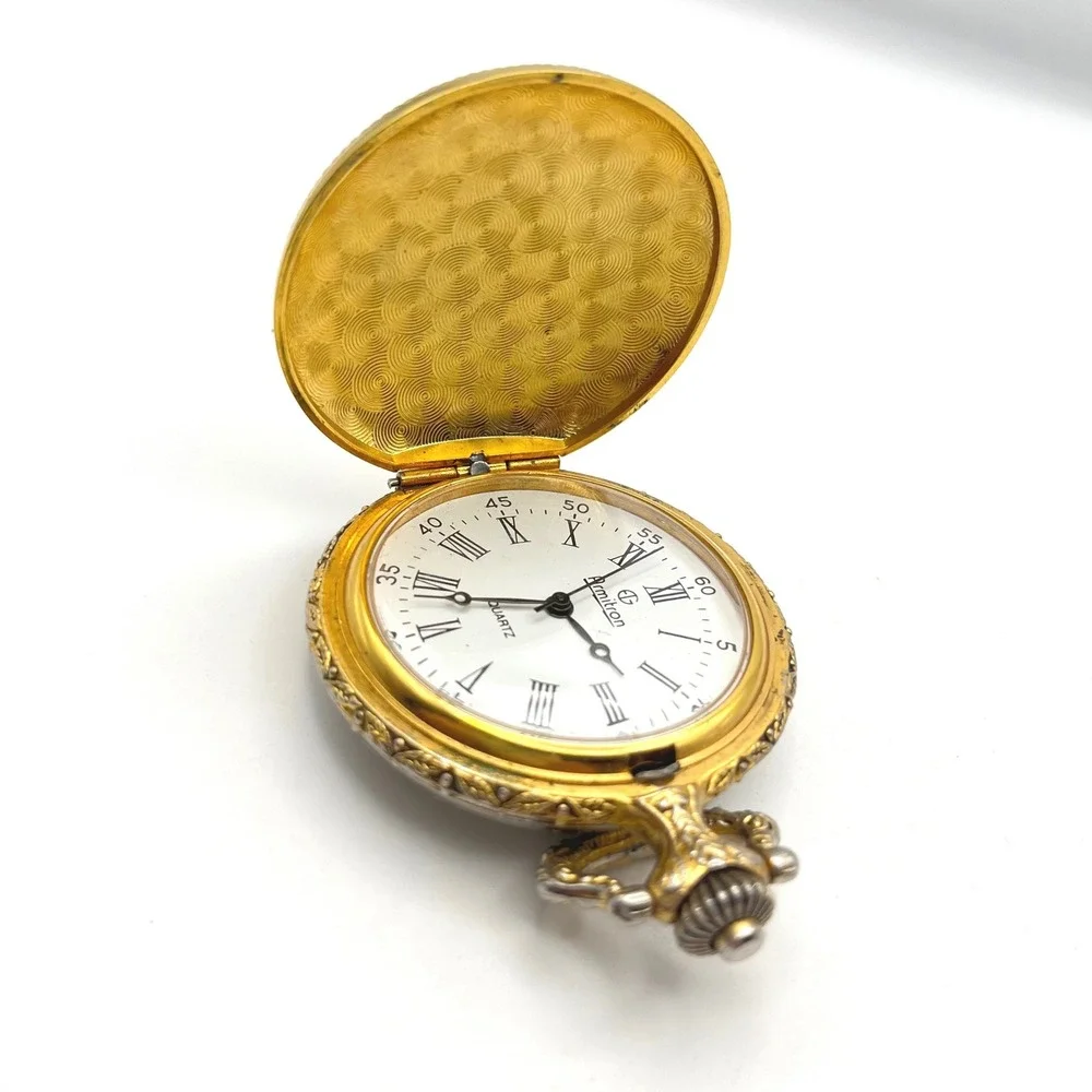 Armitron Two Tone Eagle Pocket Watch Roman Numeral Quartz Hunter Case Vintage